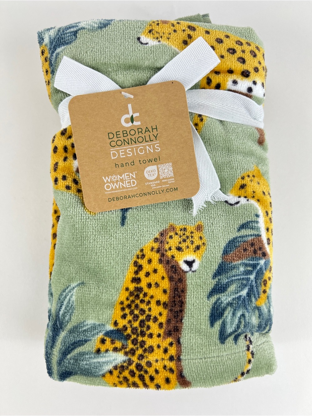 Deborah Connolly Hand Towels Cheetah Print Green Brown Blue Soft Cotton 2 Pc NEW